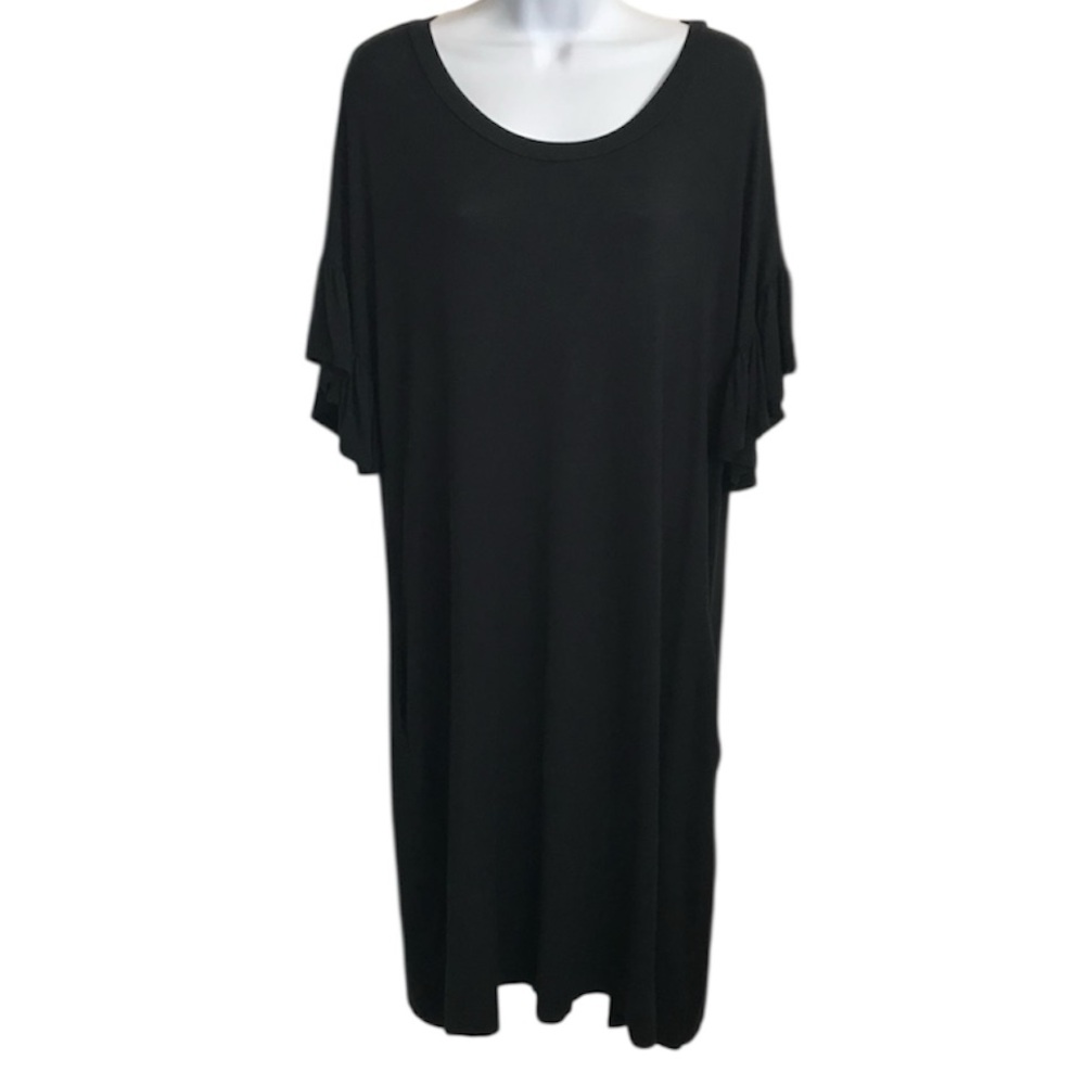 Boutique Women’s XL Perfect Peach Black Lightweight SS Ruffle Sleeve Dress EUC